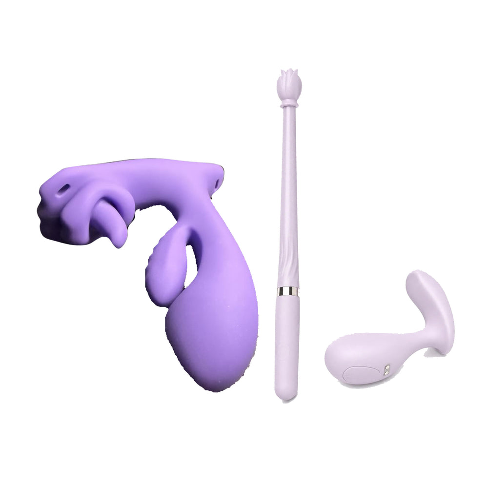 Connected Control Duo: purple Queen's Bloom, lilac Violet Spell and its matching wand on a white background.
