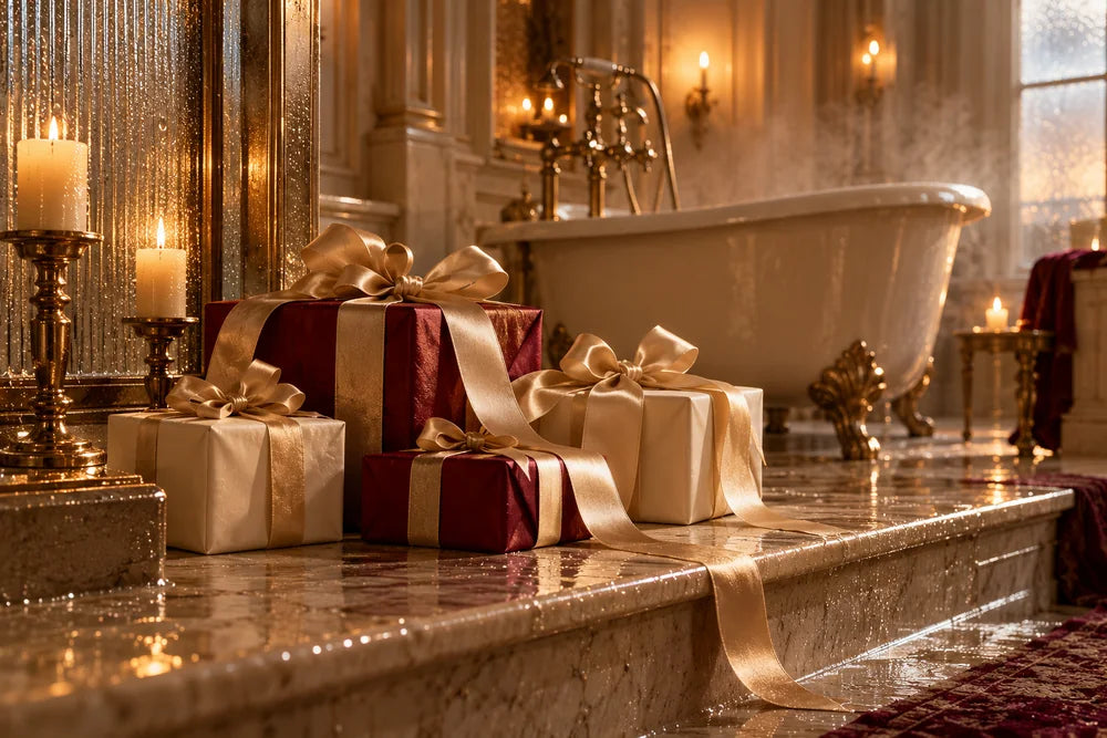 Ribbon-wrapped gifts beside a vintage bathtub, with brass details and clear water droplets. Decorative gift boxes are scene styling.