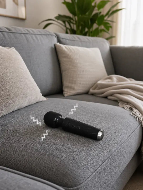 Bulky black device buzzing on a quiet gray sofa