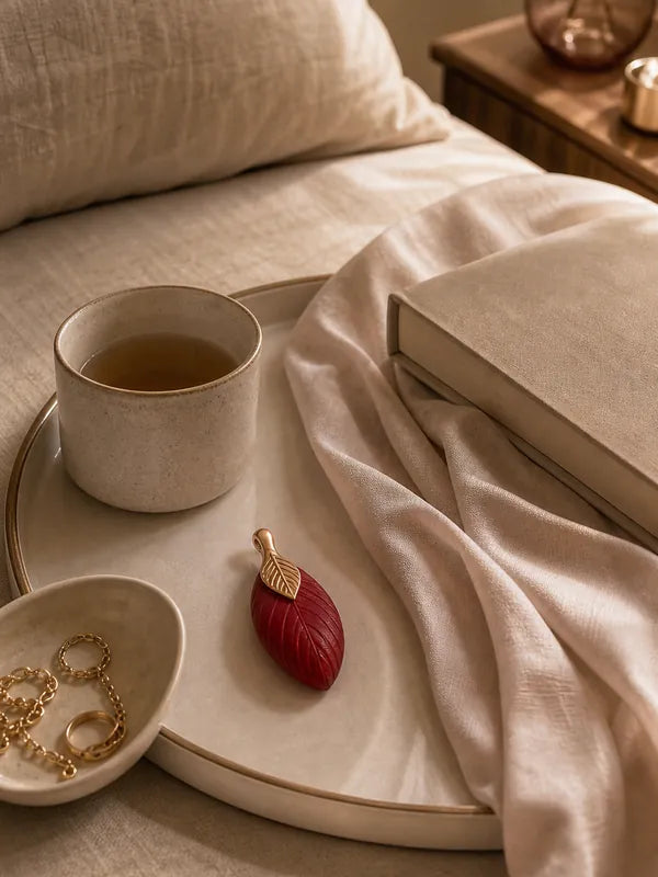 Aurae Leaf Sonic resting quietly beside tea and a book in a peaceful bedroom setting