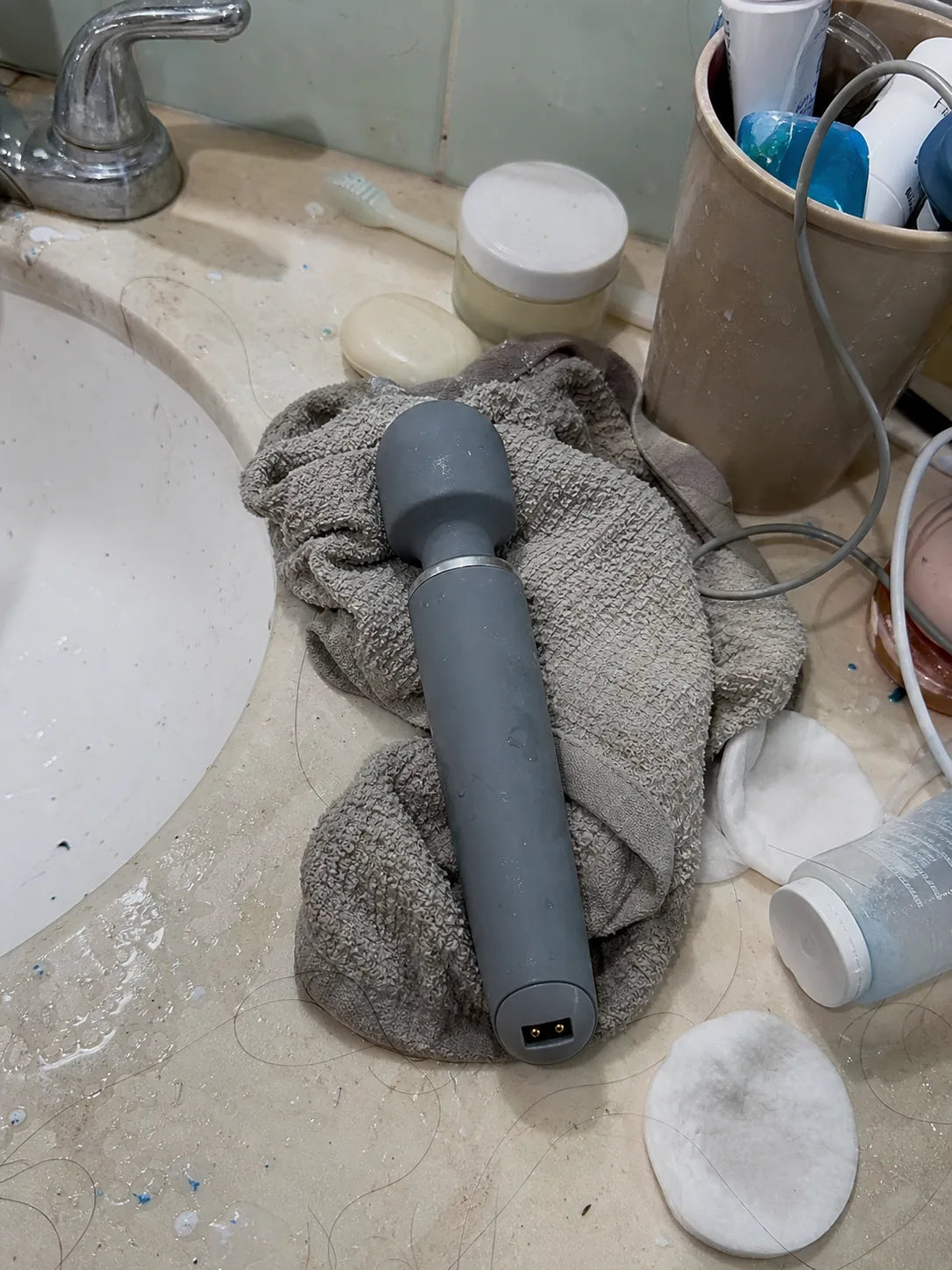 An ordinary product left beside a messy sink after cleaning