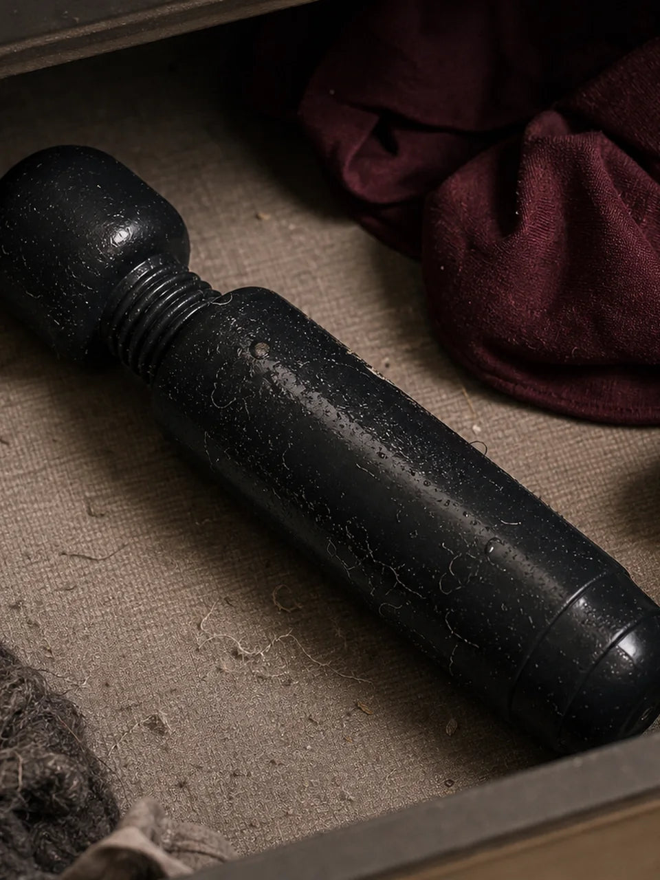 Ordinary black vibrator with a plain utilitarian finish in a drawer
