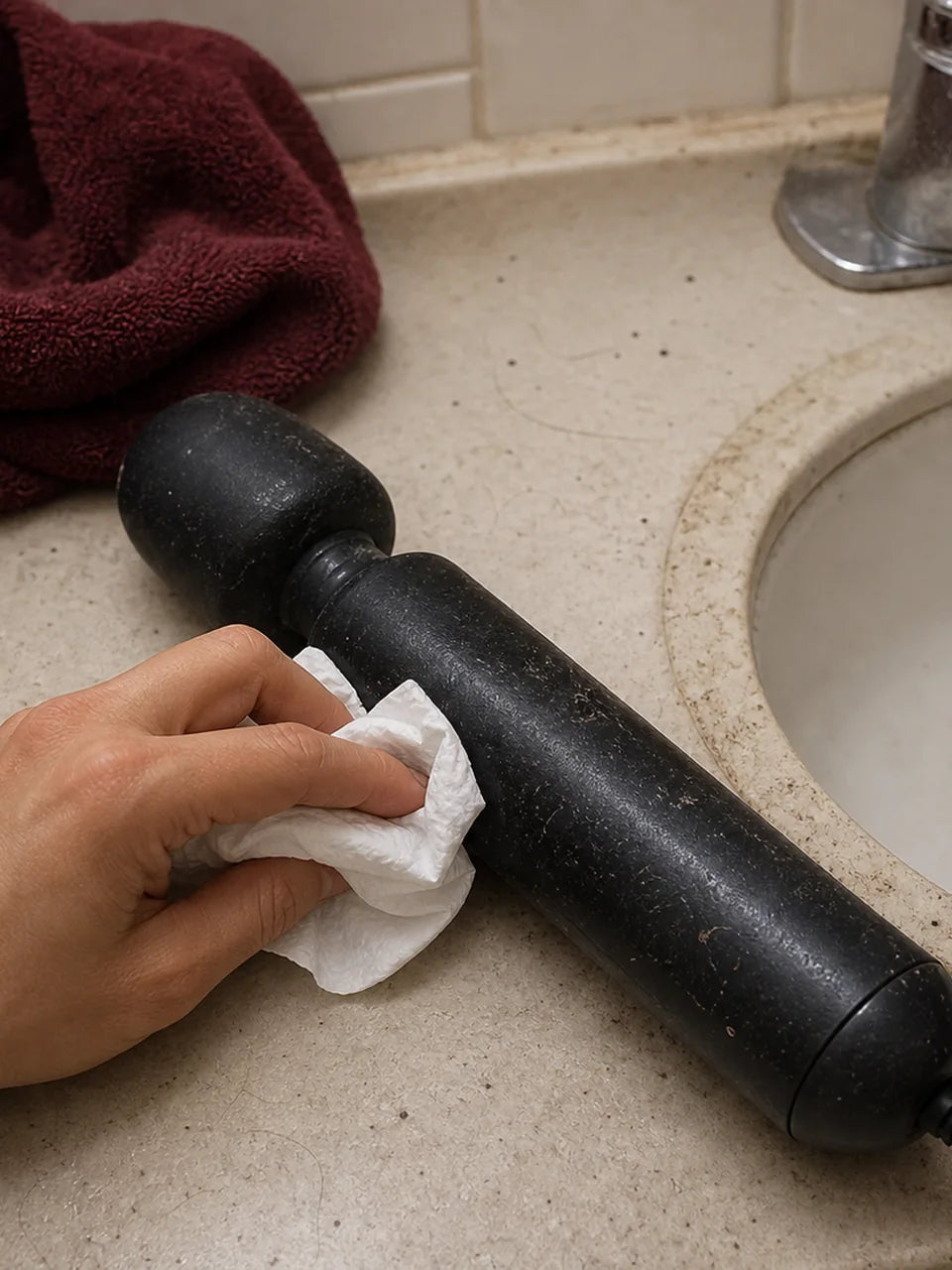 Ordinary black wand being wiped at a sink instead of quickly rinsed