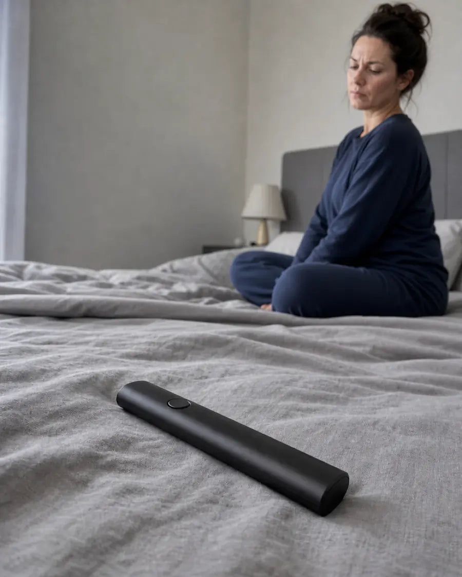 Ordinary black product lying on a bed beside an uninterested woman