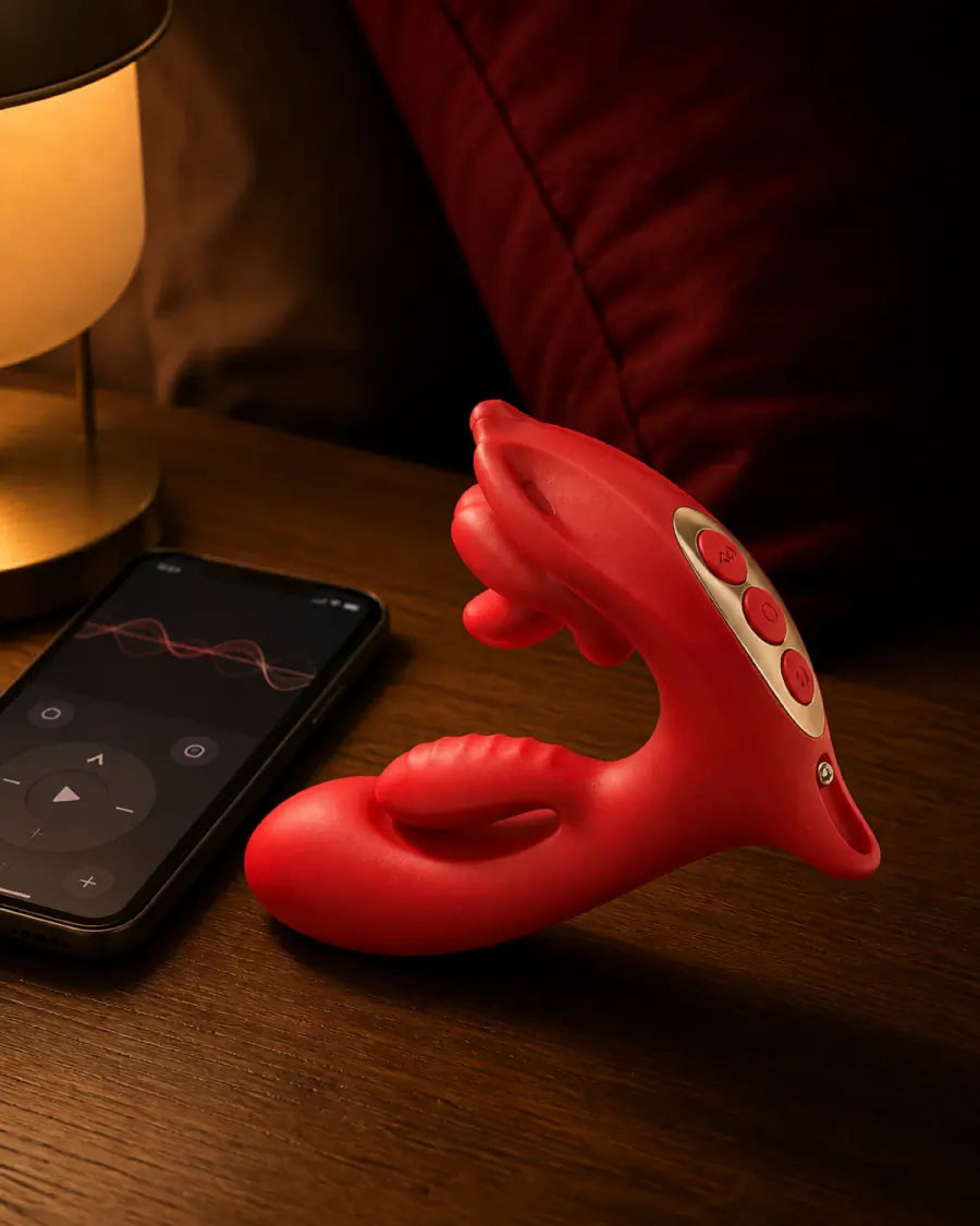 Queen's Bloom app control in an intimate bedroom scene