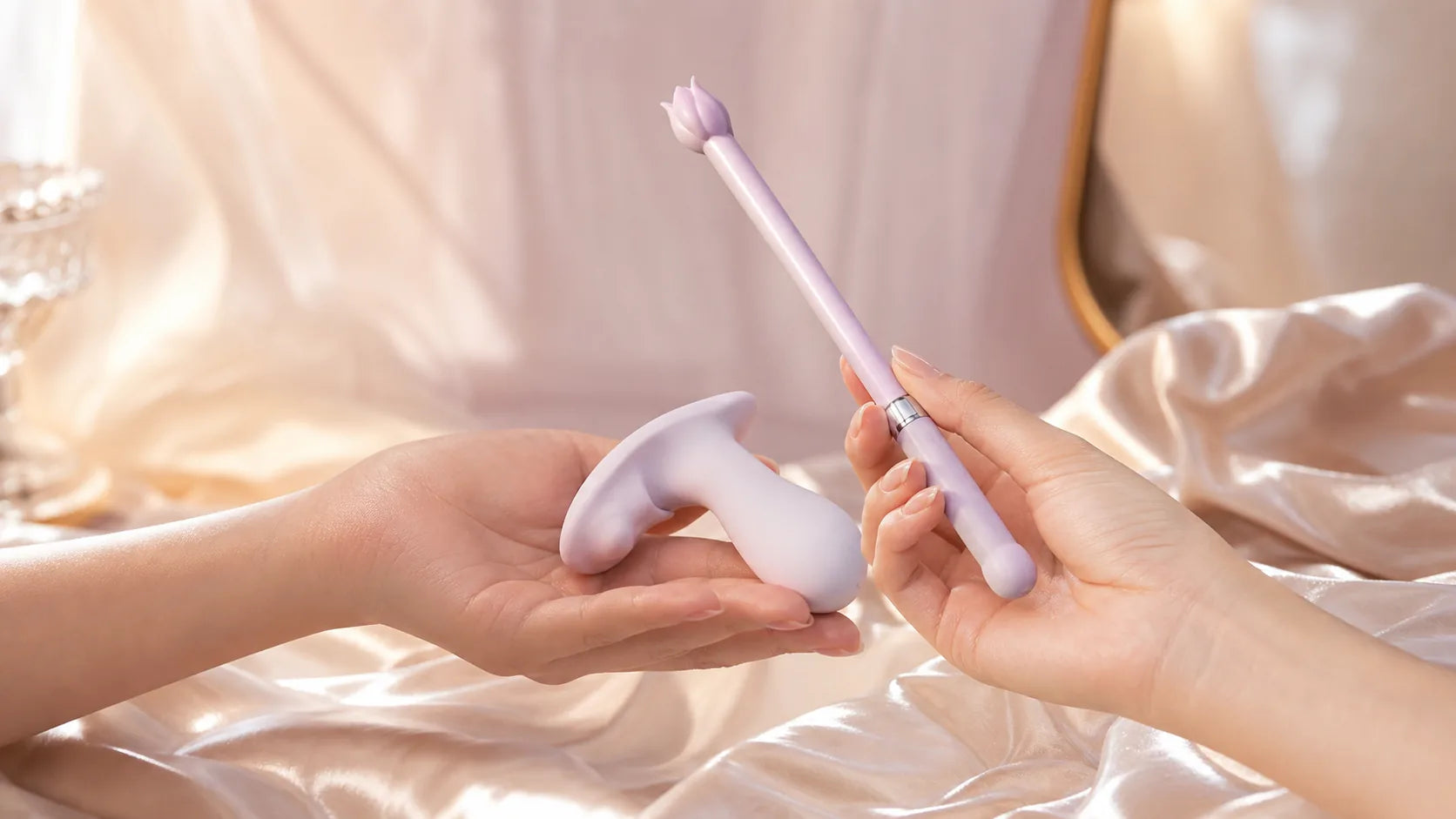 Two people holding the lilac Violet Spell two-piece set, shown together.