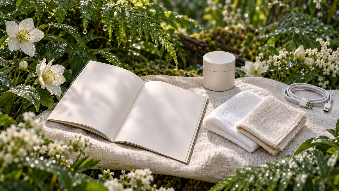 An open booklet, two clean cloths and a disconnected charging cable arranged beside rain-wet forest foliage.