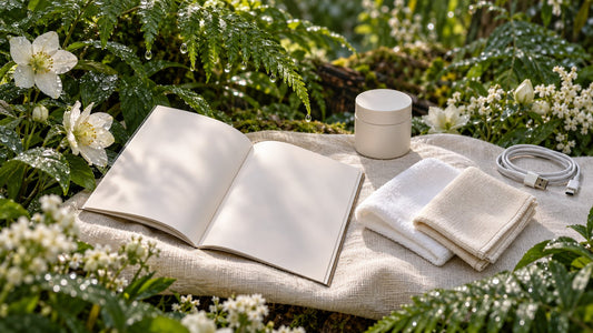 An open booklet, two clean cloths and a disconnected charging cable arranged beside rain-wet forest foliage.
