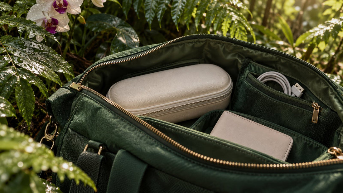 An ivory protective case and an unplugged cable in separate pockets of a green travel bag among rain-wet ferns and orchids.