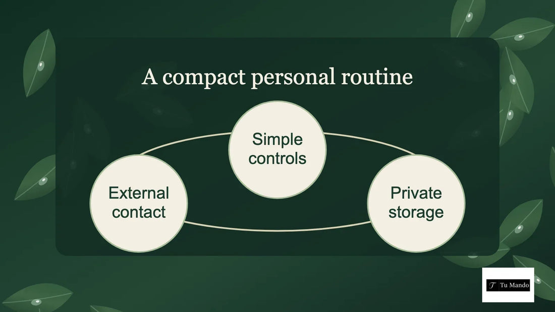 Illustrated guide: a compact personal routine, showing external contact, simple controls, private storage.