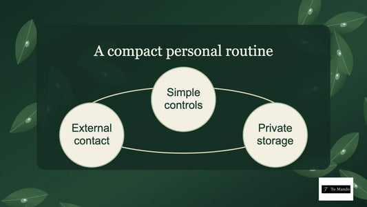 Illustrated guide: a compact personal routine, showing external contact, simple controls, private storage.