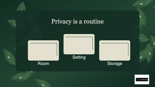 Illustrated guide: privacy is a routine, showing room, setting, storage.