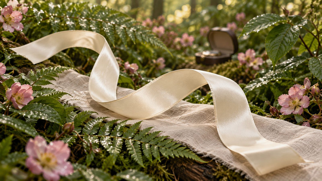 An untied ivory silk ribbon curves through wet forest leaves and pink flowers, with a watch case out of focus behind it.