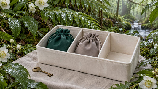 Two closed fabric pouches sit in separate compartments of an ivory organizer, with a key resting apart among wet forest leaves.