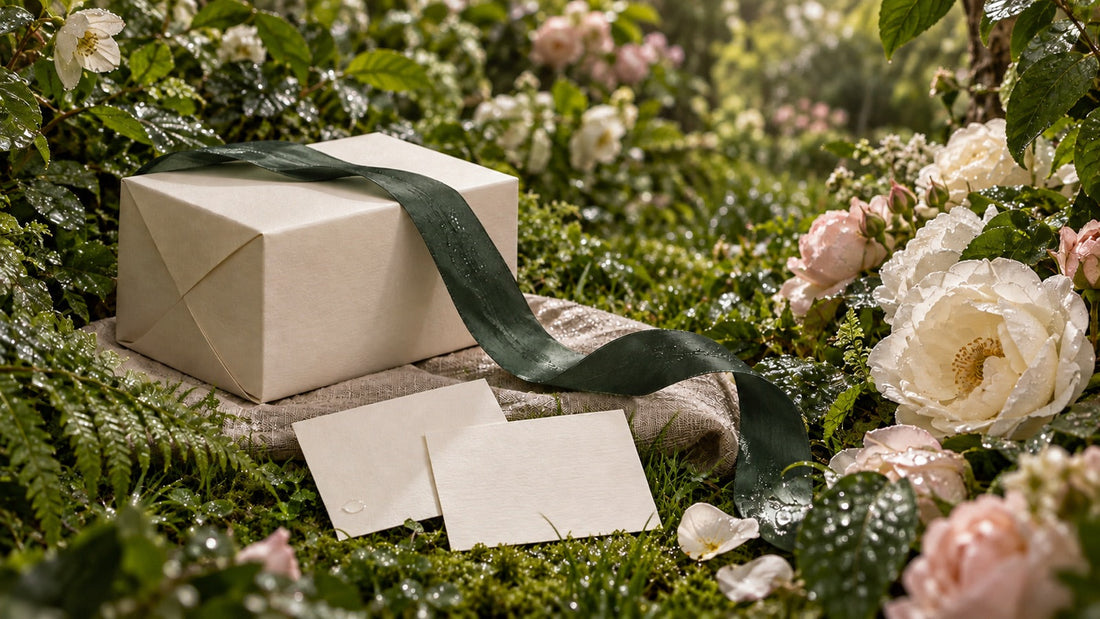 An unbranded ivory gift box and two blank choice cards surrounded by rain-wet flowers and ferns.