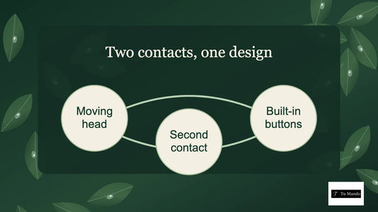 Illustrated guide: two contacts, one design, showing moving head, second contact, built-in buttons.
