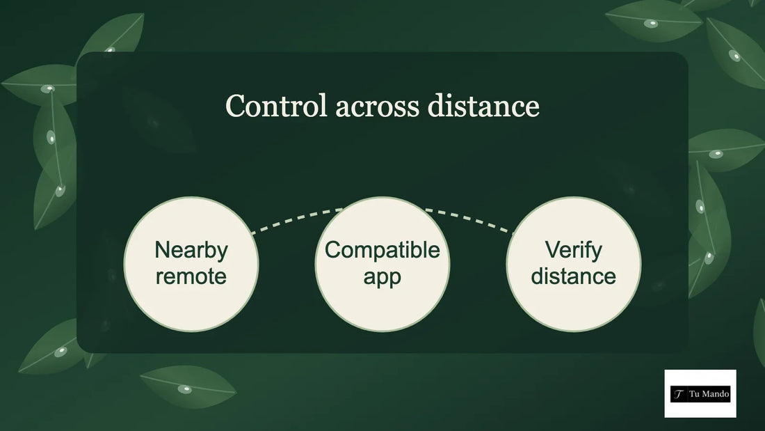 Illustrated guide: control across distance, showing nearby remote, compatible app, verify distance.