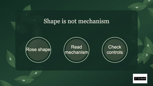 Illustrated guide: shape is not mechanism, showing rose shape, read mechanism, check controls.
