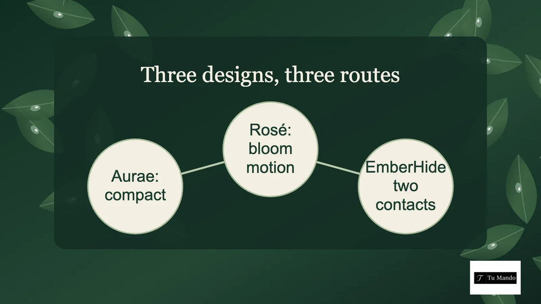 Illustrated guide: three designs, three routes, showing aurae: compact, rosé: bloom motion, emberhide two contacts.