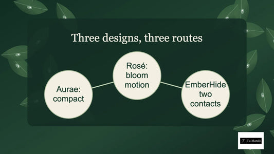 Illustrated guide: three designs, three routes, showing aurae: compact, rosé: bloom motion, emberhide two contacts.