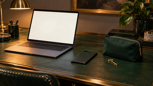 An unbranded laptop with a blank screen, a face-down phone, and a closed emerald pouch on a private desk.