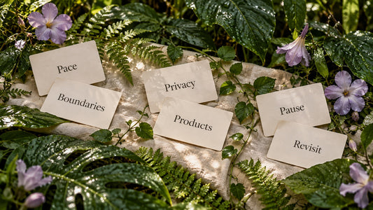 Six conversation cards labeled Pace, Boundaries, Privacy, Products, Pause and Revisit among wet leaves and pale purple flowers.