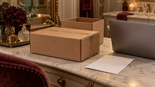 A closed outer parcel, open inner box, laptop and blank receipt arranged on a dry vanity.