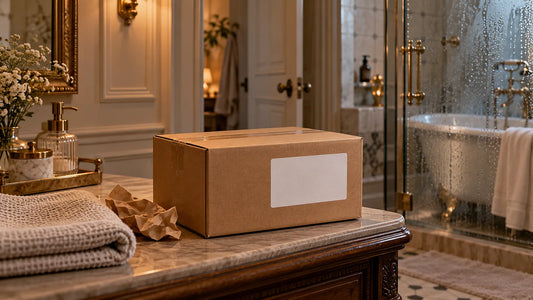 A sealed unbranded parcel on a dry console beside the entrance to a shared home.