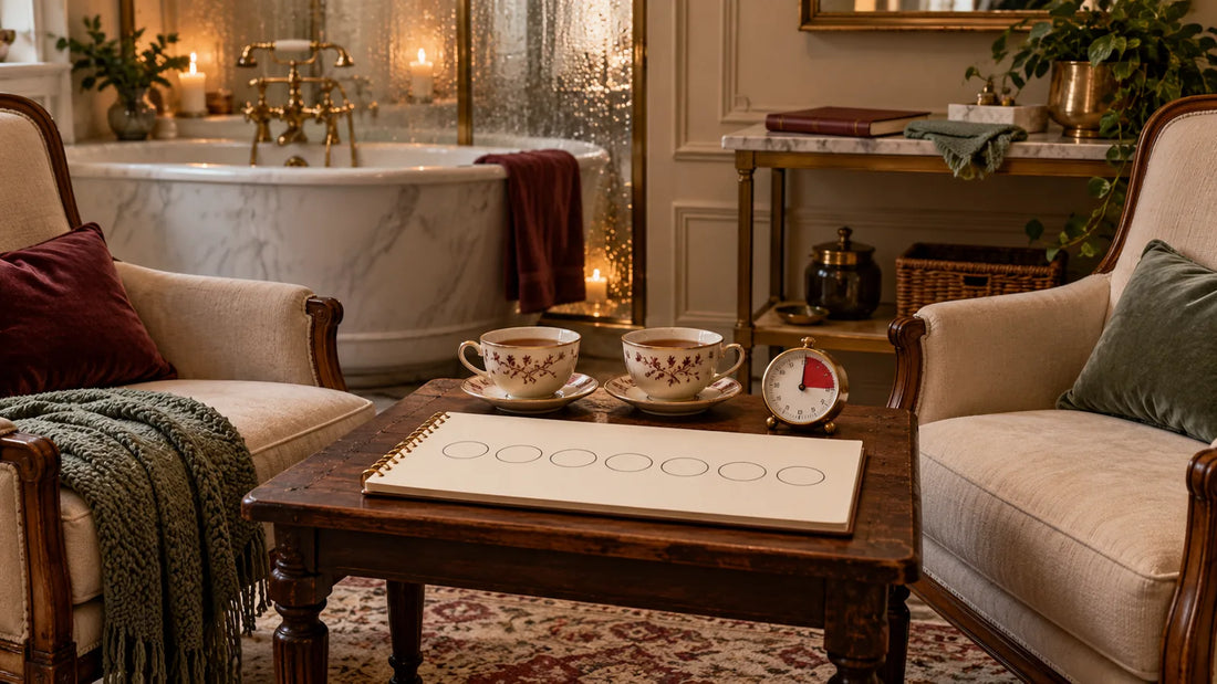 Two chairs, paired cups, a timer and a seven-space planner with a separate household notebook.