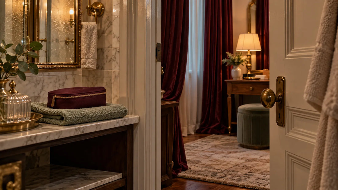 A closed pouch on a folded towel near a bathroom doorway, rug and curtains.