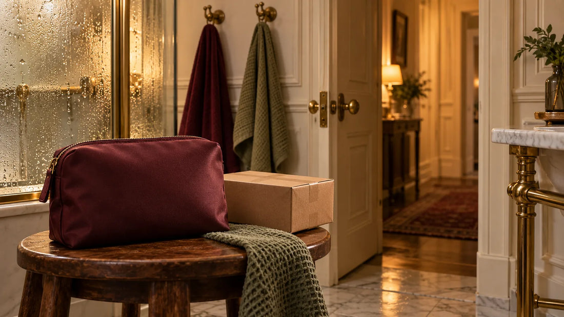 A closed burgundy pouch and plain box beside towel hooks and a shared-home hallway.