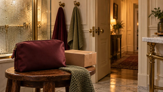 A closed burgundy pouch and plain box beside towel hooks and a shared-home hallway.