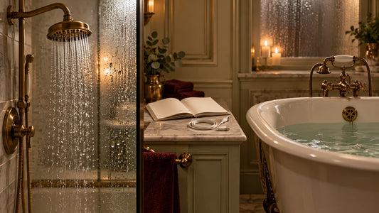 A shower and filled bathtub separated by a dry shelf holding instructions and an unplugged cable.