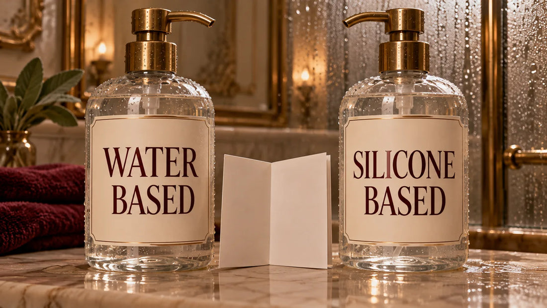 Two generic bottles labelled water-based and silicone-based beside an open instruction booklet.