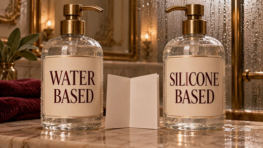 Two generic bottles labelled water-based and silicone-based beside an open instruction booklet.