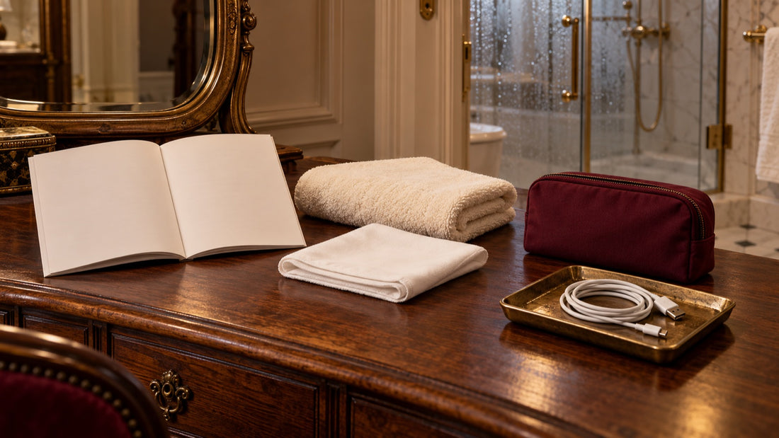 An open instruction booklet, clean cloth, closed pouch and unplugged cable on a dry wooden vanity.