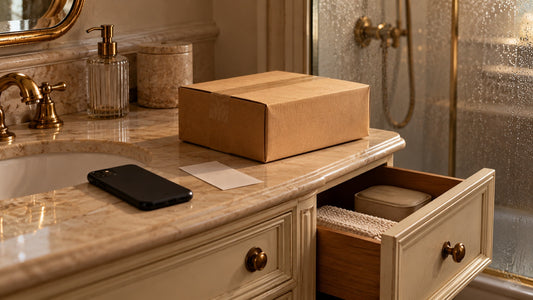 A plain parcel, face-down phone and receipt beside a private drawer on a vintage bathroom vanity.
