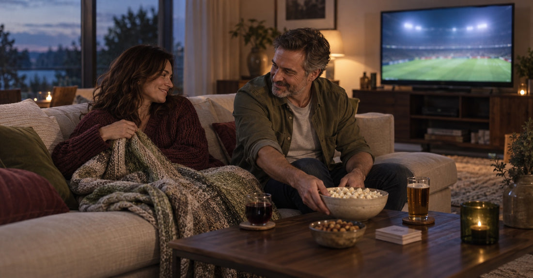 Two adults sharing a relaxed football date night in a warm living room
