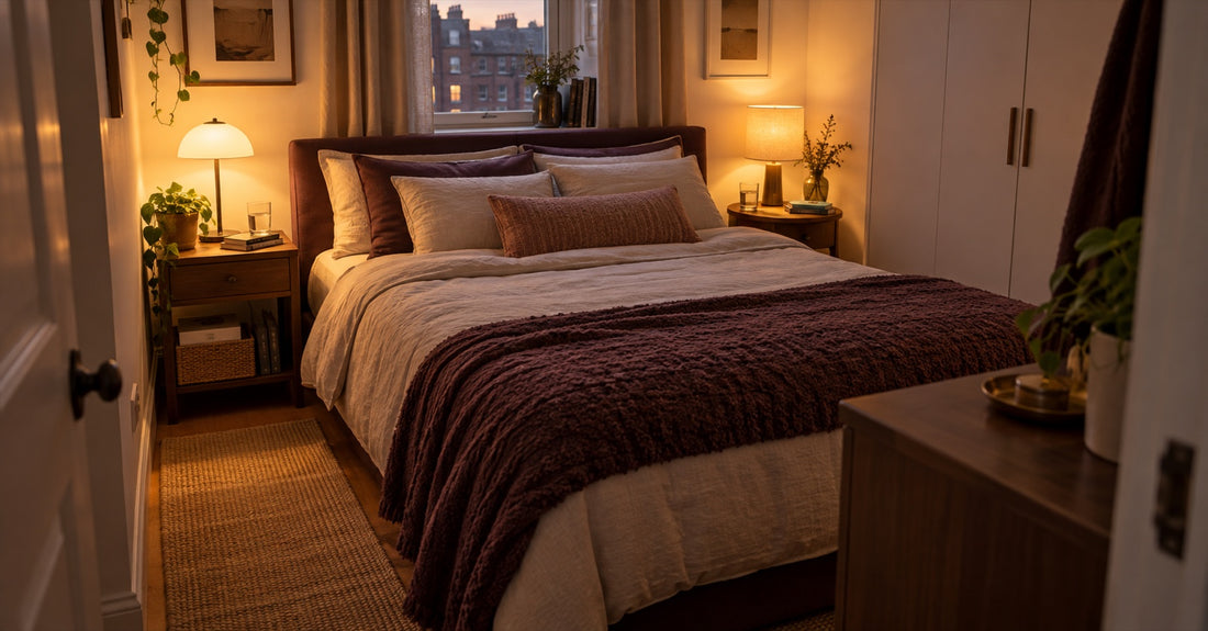 A warm romantic small bedroom arranged with clear paths and two bedside zones