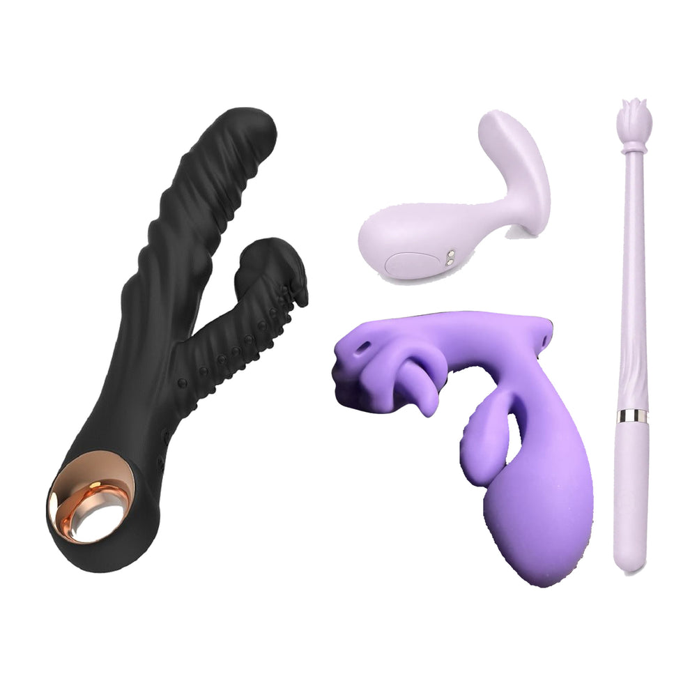 Tu Mando Signature Collection: black EmberHide Cruise, purple Queen's Bloom, lilac Violet Spell and its matching wand on a white background.