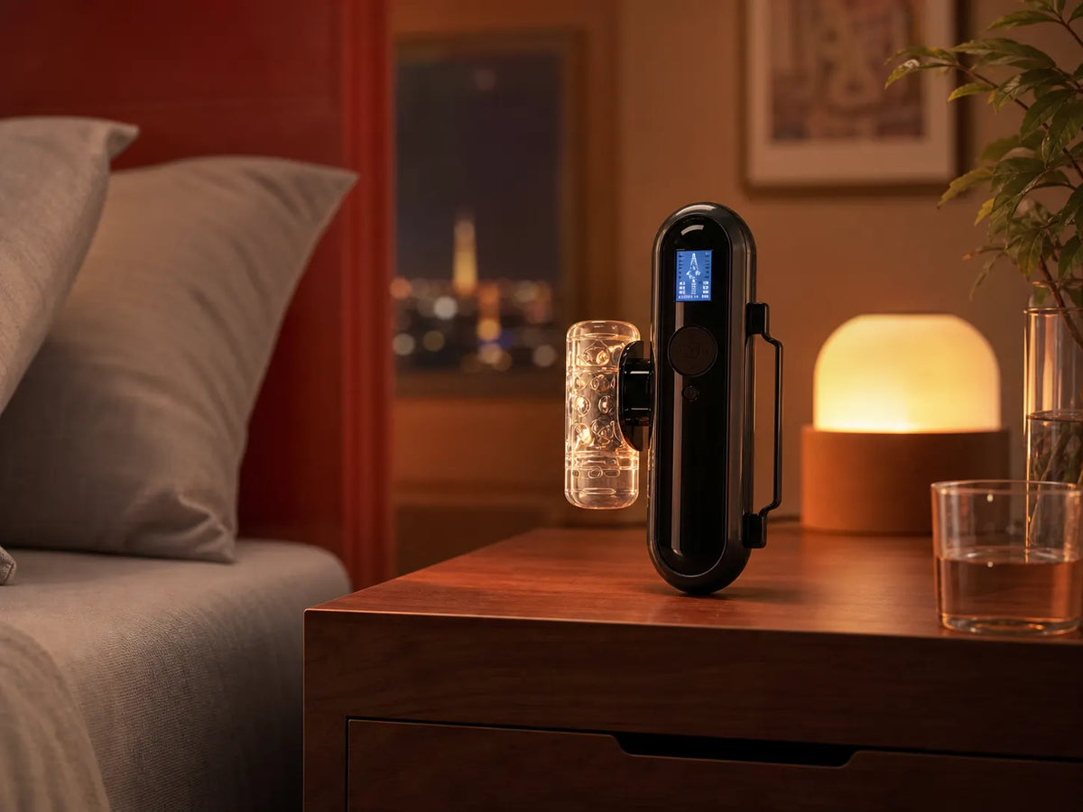 Crazy GIGI with its clear sleeve, screen and controls in warm bedside light