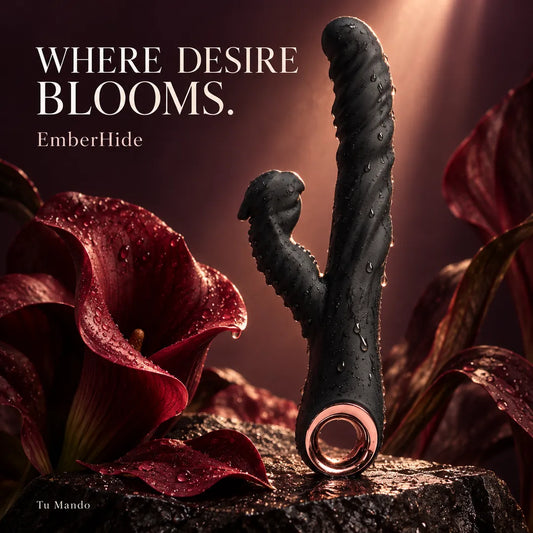 EmberHide — Where desire blooms, black product among burgundy flowers