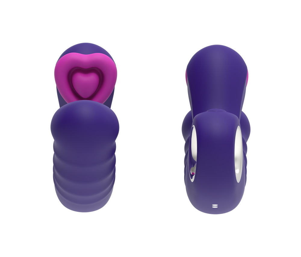 Front and rear views of purple PetalTap showing its pink petal-shaped external tip