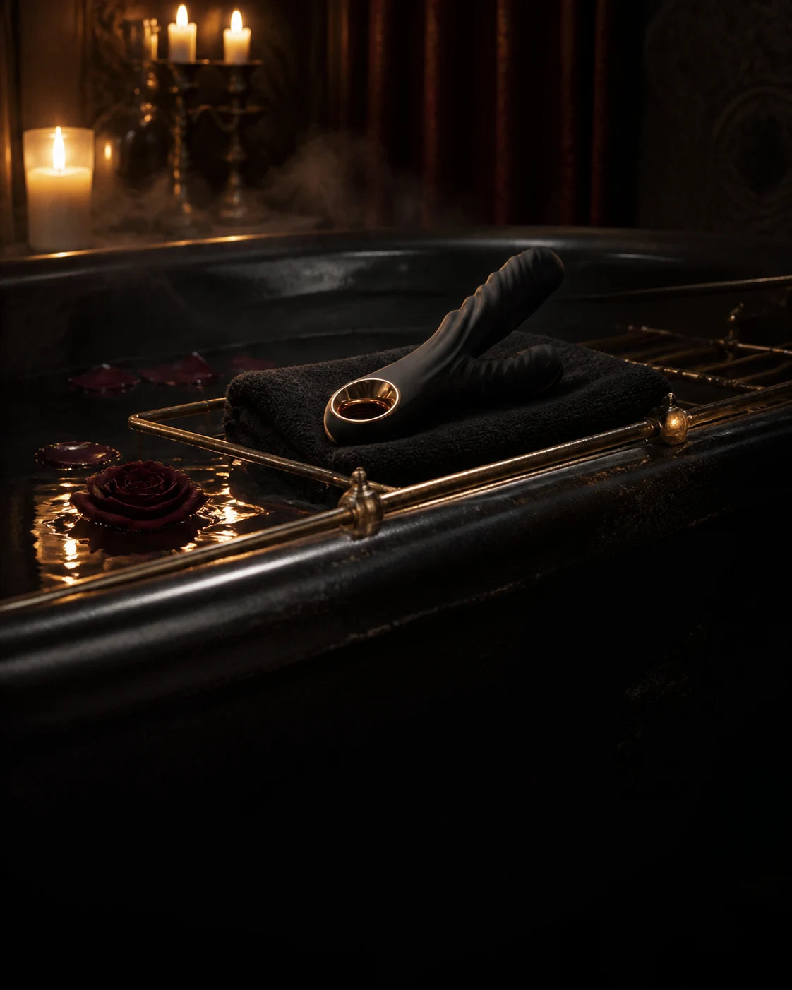 EmberHide Cruise beside a candlelit bath on a dark towel