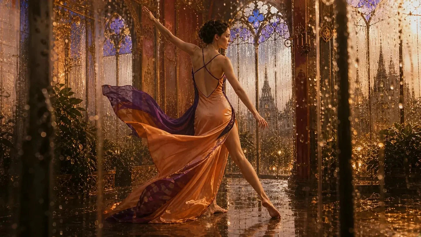 Adult woman dancing freely in a rain-soaked glass palace with copper satin and violet silk