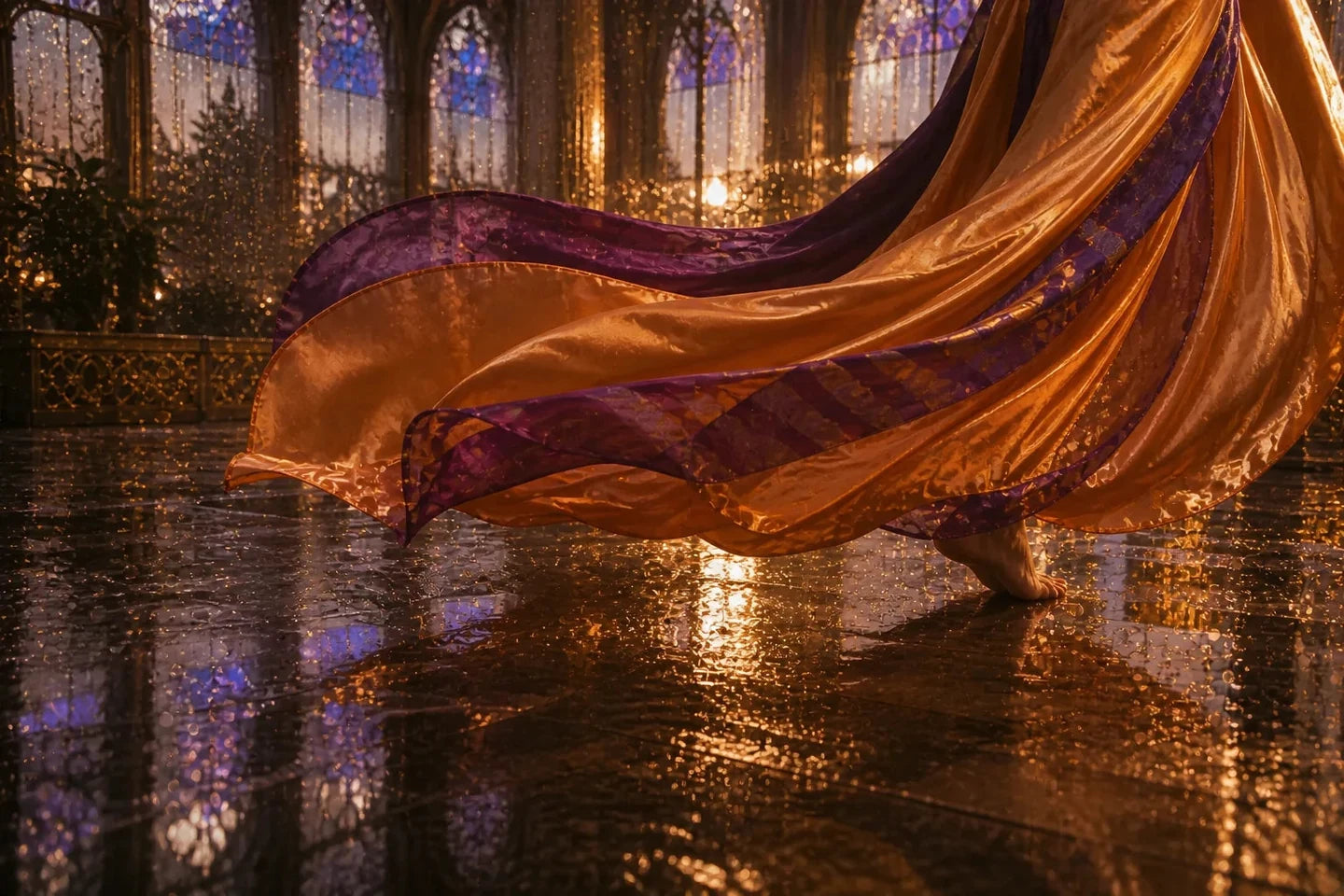 Copper and violet fabric moving across a rain-lit floor