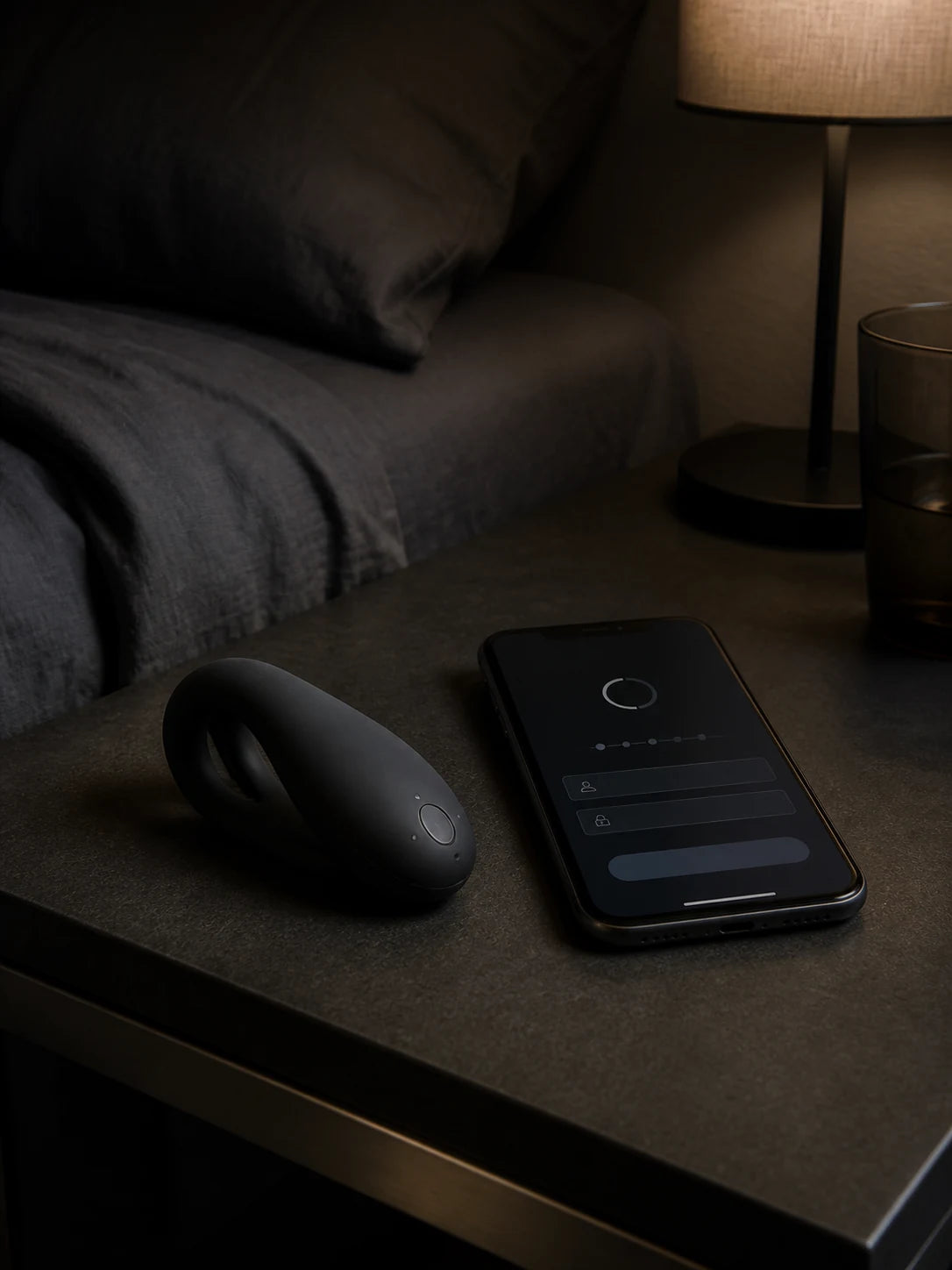 A generic connected device beside a phone showing account login and pairing setup