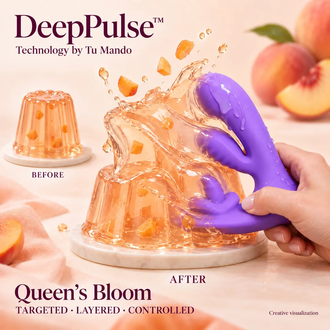 Hand-held Queen’s Bloom with peach jelly, showing three contact zones in a DeepPulse creative visualization.