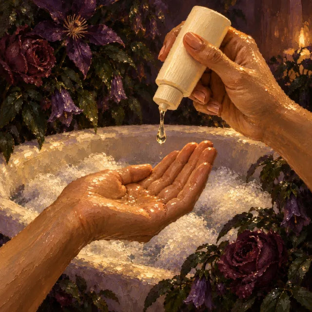 Oil painting of hands dispensing a drop of lubricant over a bubble bath, with no face visible