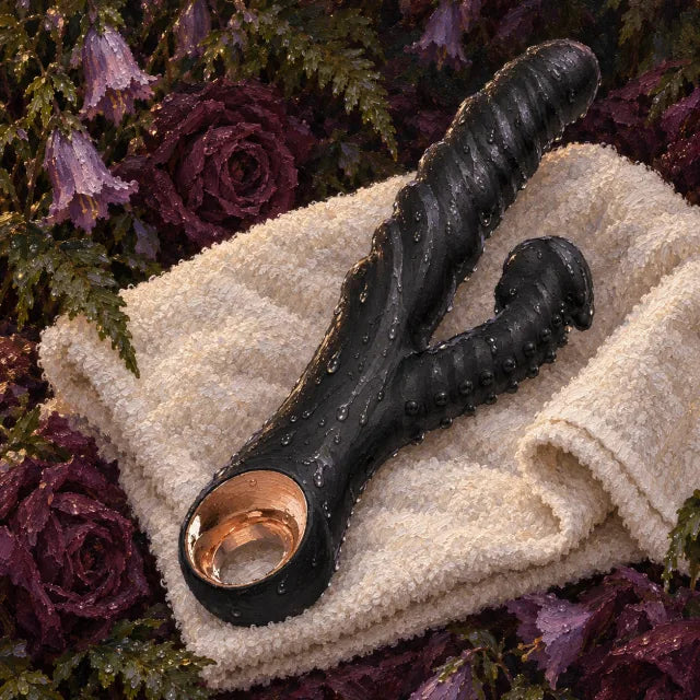 Oil painting of wet black EmberHide resting on a dry ivory towel among deep purple flowers